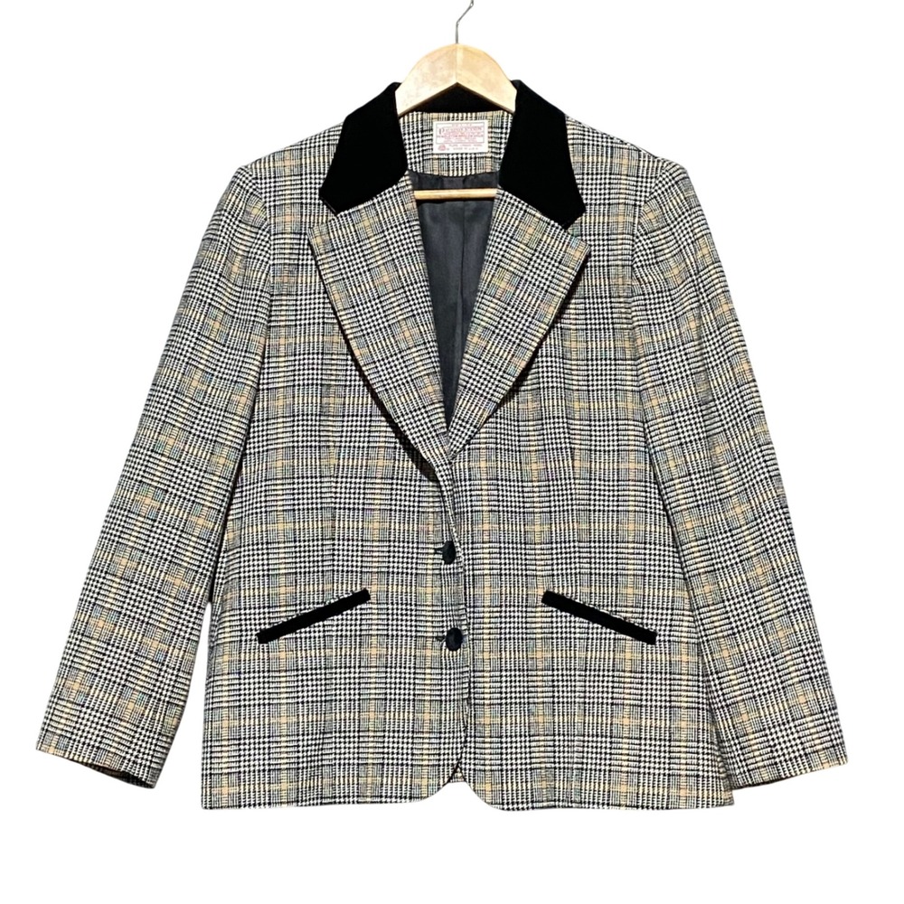 Pendleton VTG Petite 14P Wool Blazer Jacket Glen Plaid Velvet Trim Black Tan